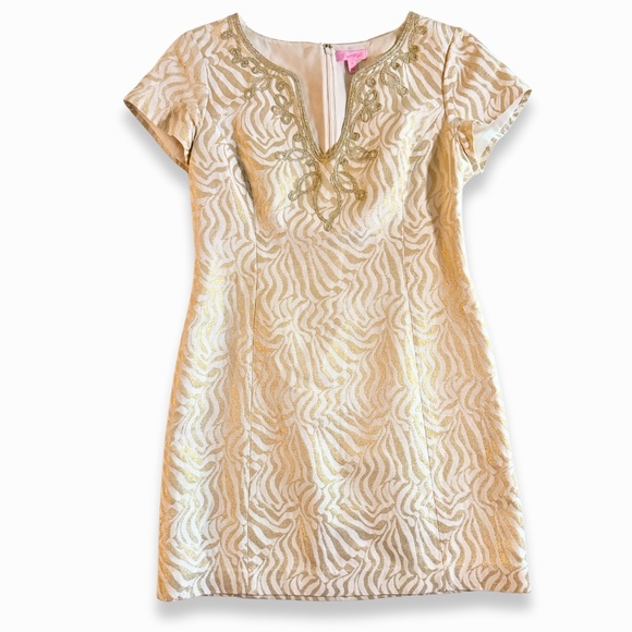 Lilly Pulitzer Milannia Gold Metallic Zebra Jacquard Shift Dress Sz 12 EUC - Picture 1 of 9